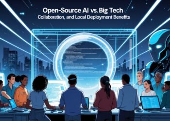 Illustration comparing open-source AI and Big Tech models, showing transparency, collaboration, and local deployment benefits in 2025.