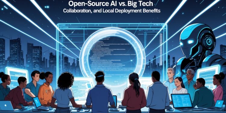 Illustration comparing open-source AI and Big Tech models, showing transparency, collaboration, and local deployment benefits in 2025.