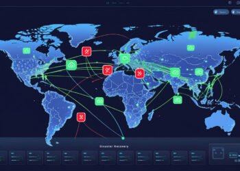 World map showing disaster recovery in action with GSLB: failed regions marked in red, traffic rerouted in real time to healthy global nodes via intelligent routing paths.