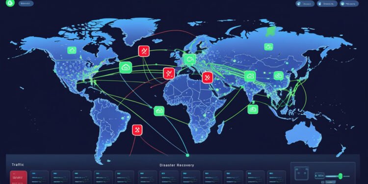 World map showing disaster recovery in action with GSLB: failed regions marked in red, traffic rerouted in real time to healthy global nodes via intelligent routing paths.
