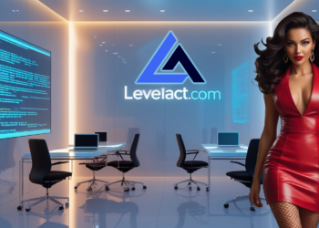 LevelAct-branded tech space with a confident woman in red, representing authority and leadership in DevOps and AI careers