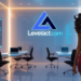 LevelAct-branded tech space with a confident woman in red, representing authority and leadership in DevOps and AI careers
