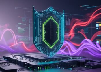 Futuristic shield visualizing app security strategies in a decentralized tech network