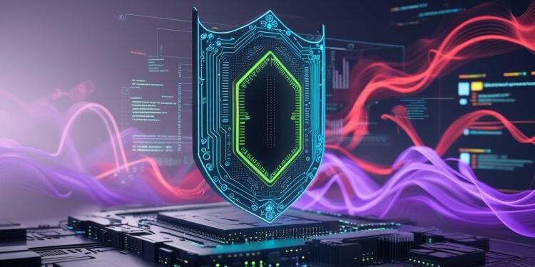 Futuristic shield visualizing app security strategies in a decentralized tech network