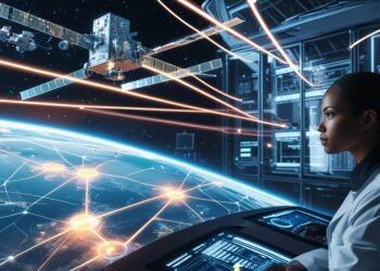 Futuristic satellite network connecting Earth to intelligent cloud infrastructure with AI-powered data streams ✅ Image Description (for caption or backend use):