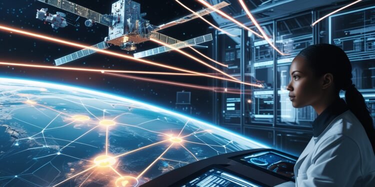 Futuristic satellite network connecting Earth to intelligent cloud infrastructure with AI-powered data streams ✅ Image Description (for caption or backend use):