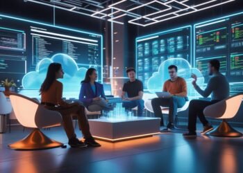 Cloud-native startup team collaborating in a modern workspace with Kubernetes dashboards and AI-powered workflows