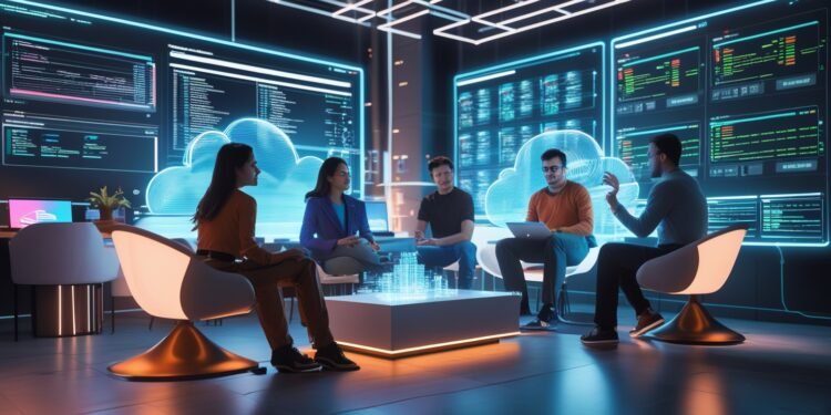 Cloud-native startup team collaborating in a modern workspace with Kubernetes dashboards and AI-powered workflows