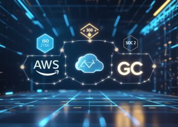 Futuristic cybersecurity dashboard with AWS, cloud icon, and GC logos connected by glowing nodes, surrounded by ISO 27001 and SOC 2 compliance labels.