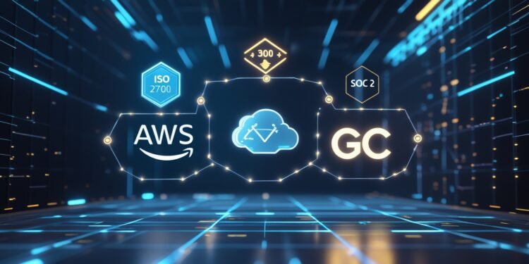 Futuristic cybersecurity dashboard with AWS, cloud icon, and GC logos connected by glowing nodes, surrounded by ISO 27001 and SOC 2 compliance labels.