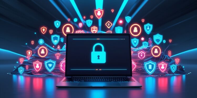 Laptop with cybersecurity locks showing endpoint protection