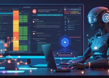 Futuristic CI/CD dashboard with glowing AI overlays, showing real-time build optimization, risk-scored tests, and natural language troubleshooting. Developers interact with voice and chatbot assistants across multiple screens.