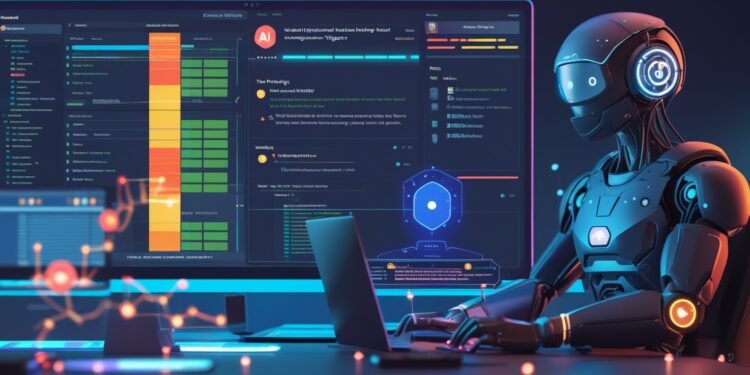 Futuristic CI/CD dashboard with glowing AI overlays, showing real-time build optimization, risk-scored tests, and natural language troubleshooting. Developers interact with voice and chatbot assistants across multiple screens.