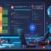 Futuristic CI/CD dashboard with glowing AI overlays, showing real-time build optimization, risk-scored tests, and natural language troubleshooting. Developers interact with voice and chatbot assistants across multiple screens.