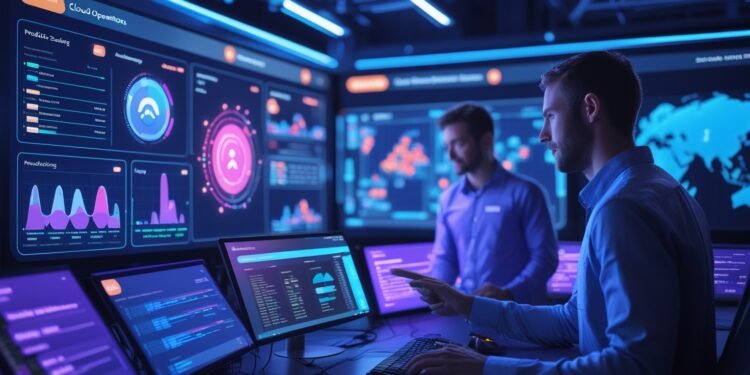 AI-enhanced cloud infrastructure dashboard showing predictive autoscaling, real-time cost governance, and multi-region optimization recommendations.