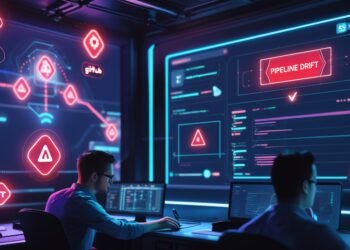 Digital control room showing a fragmented DevOps pipeline with warning alerts, misaligned automation steps, and engineers reviewing multiple dashboards to detect drift across environments.
