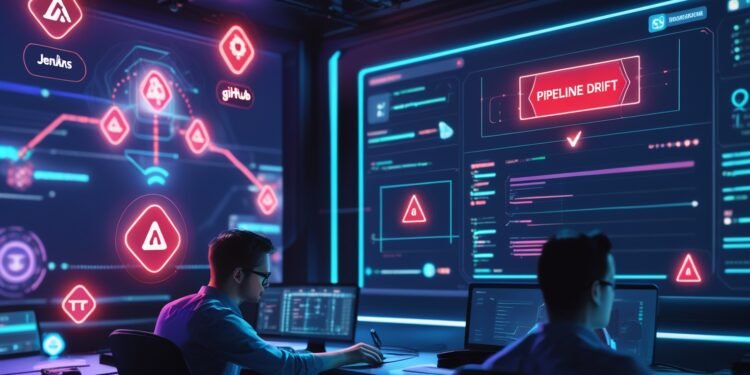 Digital control room showing a fragmented DevOps pipeline with warning alerts, misaligned automation steps, and engineers reviewing multiple dashboards to detect drift across environments.
