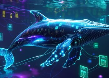 Illustration of a blue whale diving into a glowing cyber-ocean, symbolizing DNS security and network protection