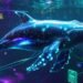 Illustration of a blue whale diving into a glowing cyber-ocean, symbolizing DNS security and network protection