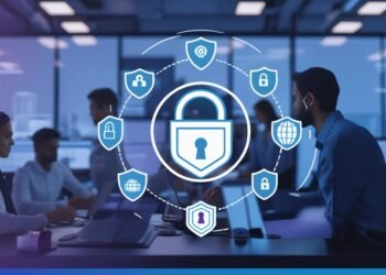 Enterprise team reviewing SaaS security dashboard with compliance overlays for HIPAA, PCI, and GDPR. Includes shield icons, AI visual layers, and real-time monitoring alerts in a clean digital workspace.