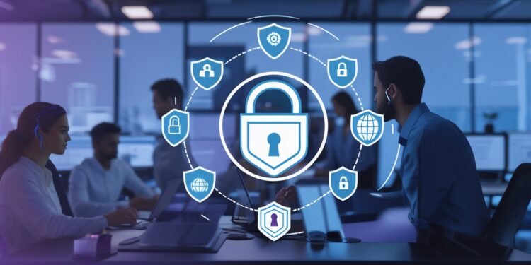 Enterprise team reviewing SaaS security dashboard with compliance overlays for HIPAA, PCI, and GDPR. Includes shield icons, AI visual layers, and real-time monitoring alerts in a clean digital workspace.