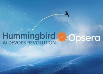 Illustration of Opsera's AI-powered DevOps platform featuring Hummingbird reasoning agents, GitHub MCP integration, and Insights in a Box interface.
