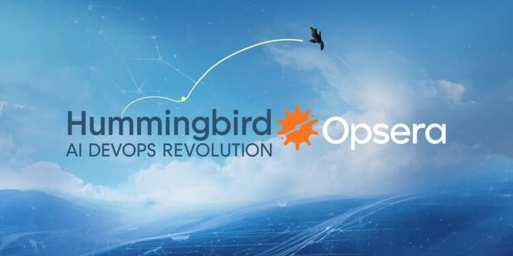 Illustration of Opsera's AI-powered DevOps platform featuring Hummingbird reasoning agents, GitHub MCP integration, and Insights in a Box interface.