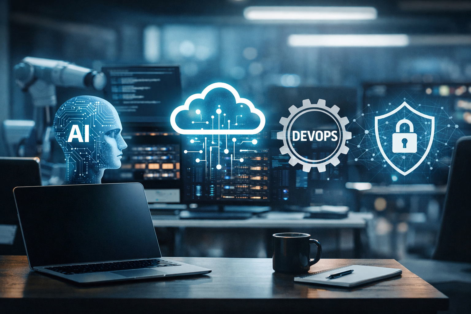 Modern technology newsroom concept with AI, cloud, DevOps, and security themes