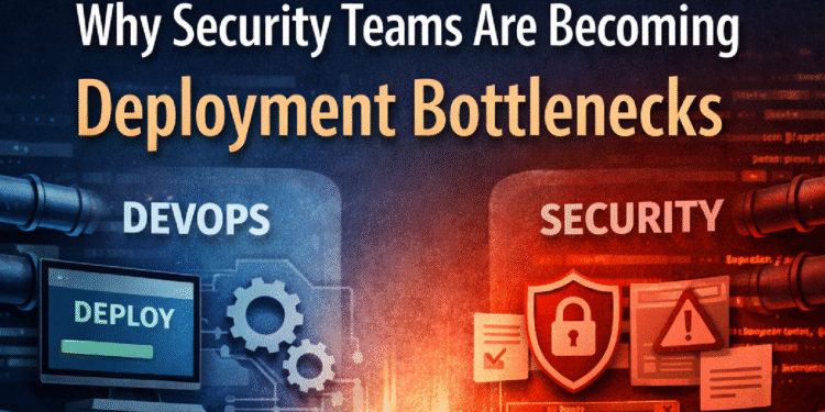 Illustration showing DevOps pipelines constrained by security controls creating a deployment bottleneck between development and production.