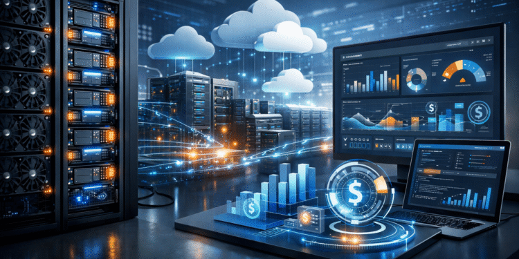 Enterprise AI infrastructure with GPU servers, cloud platforms, and cost optimization dashboards