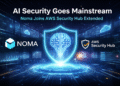 AI security shield representing Noma Security integration with AWS Security Hub Extended for enterprise cloud protection