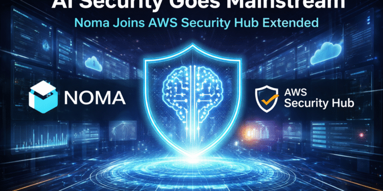 AI security shield representing Noma Security integration with AWS Security Hub Extended for enterprise cloud protection