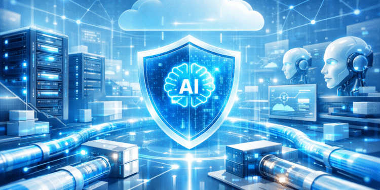 AI cloud infrastructure protected by digital security shield showing risks from misconfigurations