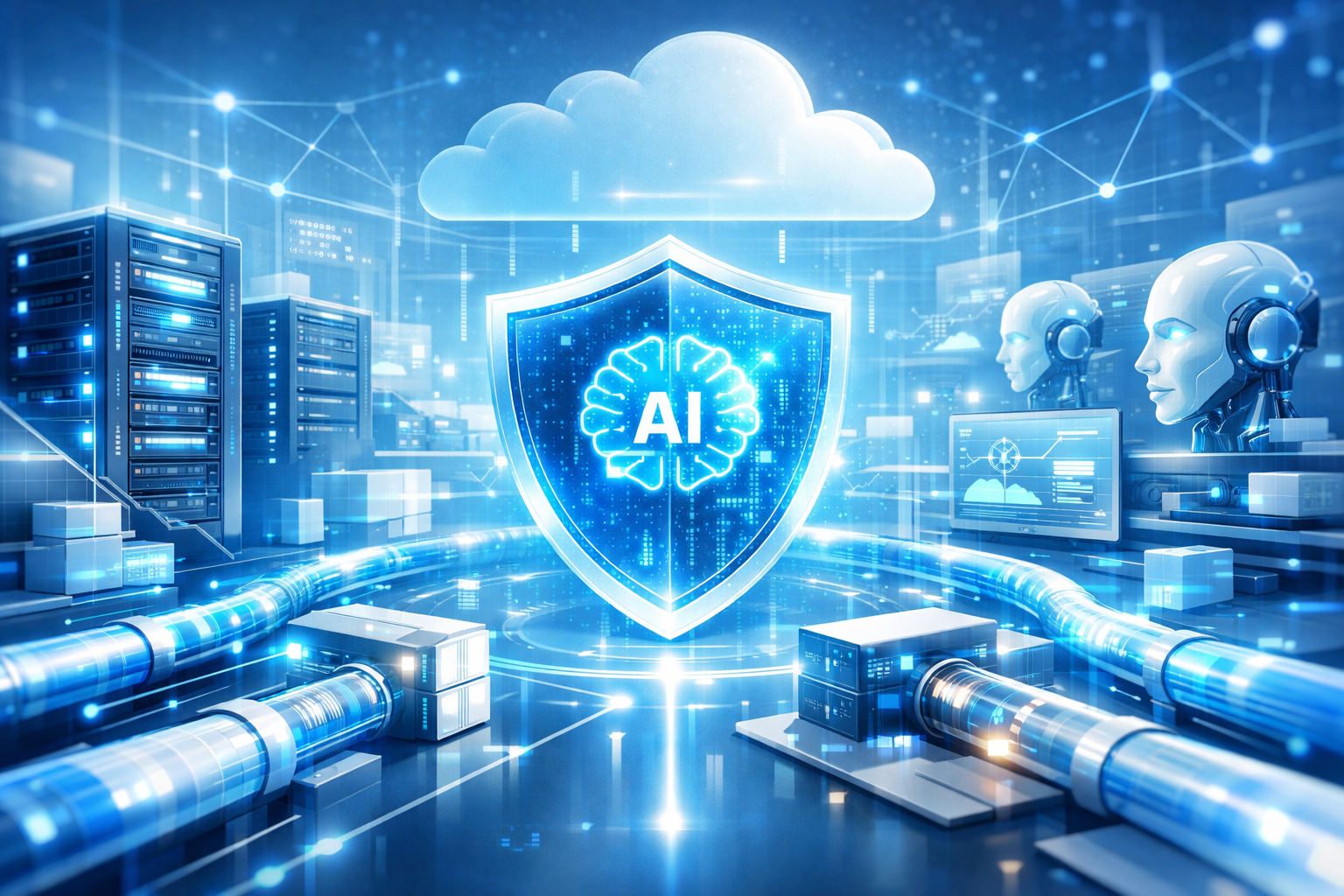 AI cloud infrastructure protected by digital security shield showing risks from misconfigurations