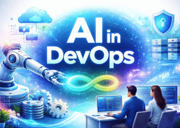 AI in DevOps automation concept with cloud, pipelines, and artificial intelligence systems