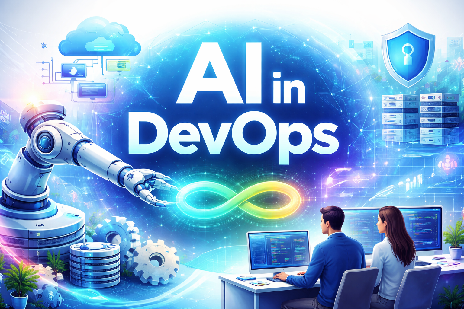 AI in DevOps automation concept with cloud, pipelines, and artificial intelligence systems