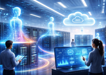 AWS AI agents managing cloud infrastructure in a futuristic data center