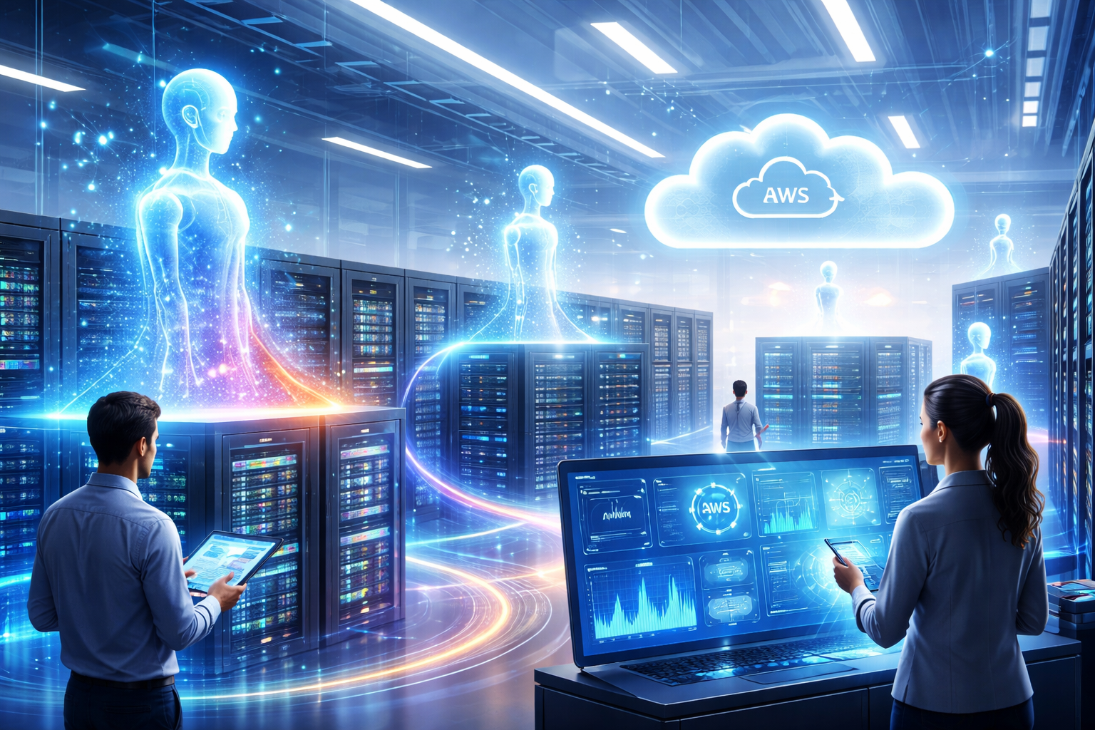 AWS AI agents managing cloud infrastructure in a futuristic data center
