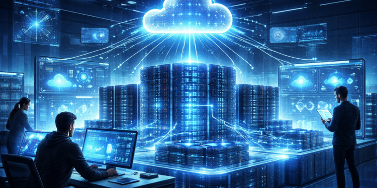 Enterprise cloud architecture visualization with AI workloads, data pipelines, GPUs, and connected cloud infrastructure