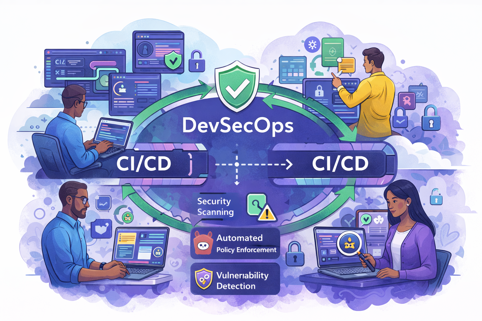 DevSecOps security integrated into CI/CD pipelines with developers and security engineers
