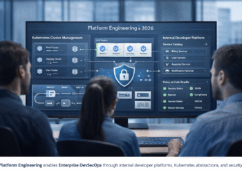 Platform Engineering dashboard with Kubernetes clusters and internal developer platform visualization