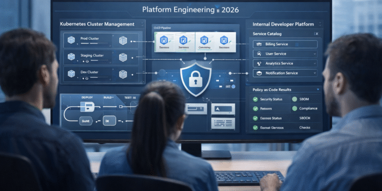Platform Engineering dashboard with Kubernetes clusters and internal developer platform visualization