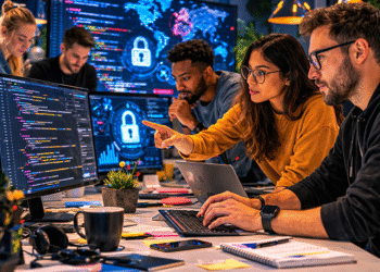 Fake apps and phishing attack concept shown on a smartphone and laptop with warning alerts and suspicious login screens
