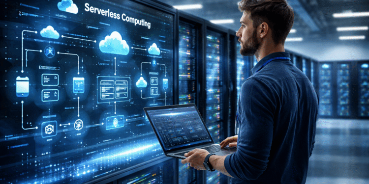 Modern cloud architecture dashboard showing serverless workloads, event-driven applications, and scalable infrastructure