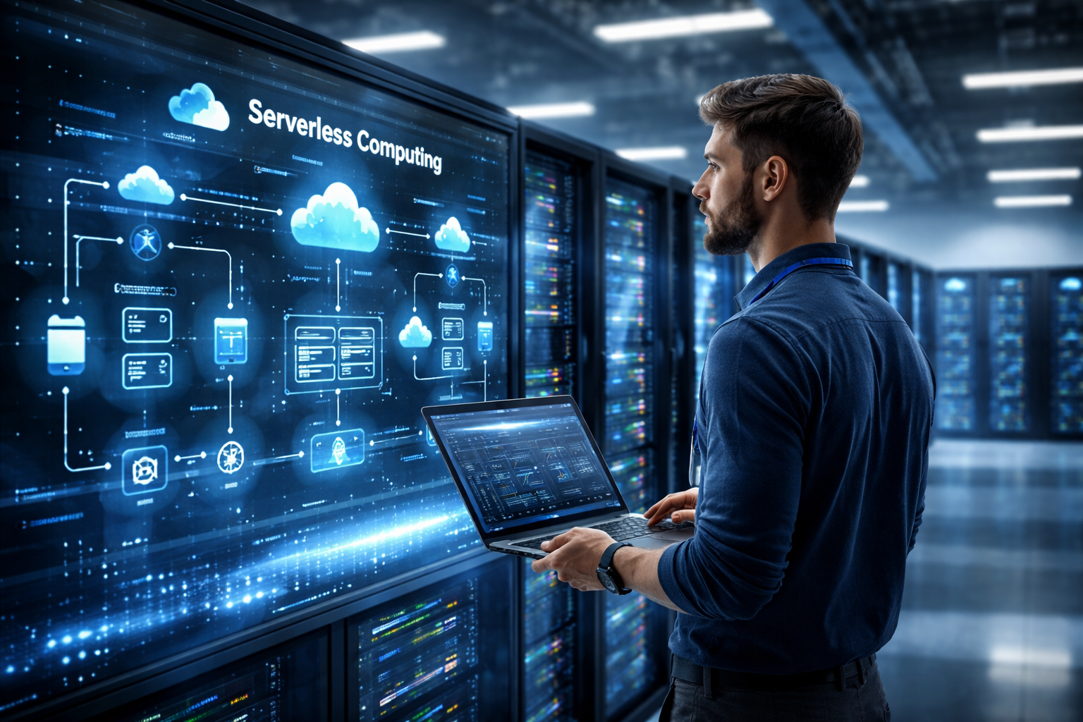Modern cloud architecture dashboard showing serverless workloads, event-driven applications, and scalable infrastructure