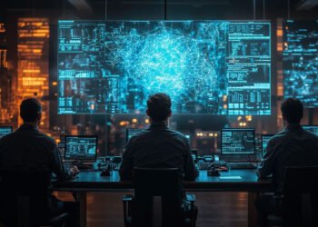 AI cyber attacks accelerating across a digital network with security alerts