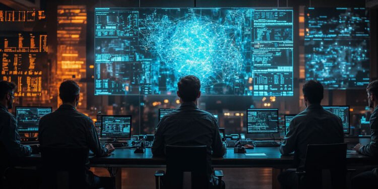AI cyber attacks accelerating across a digital network with security alerts
