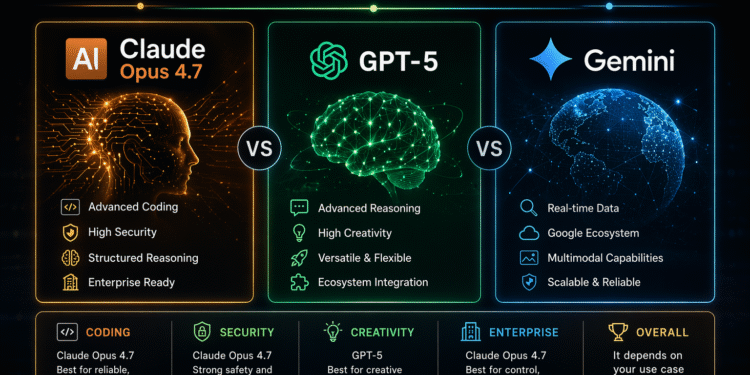 Claude Opus 4.7 vs GPT-5 vs Gemini AI model comparison for coding security and performance