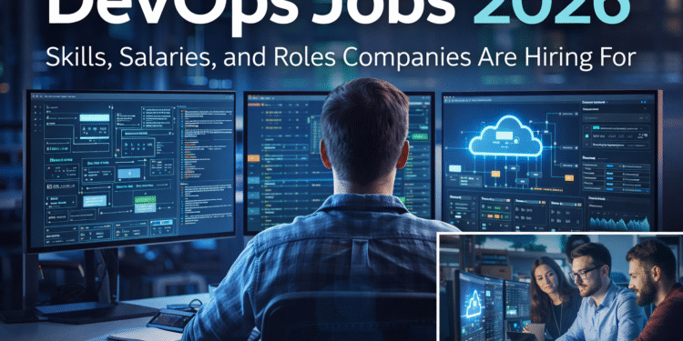 DevOps jobs 2026 showing engineer working with cloud infrastructure and automation tools