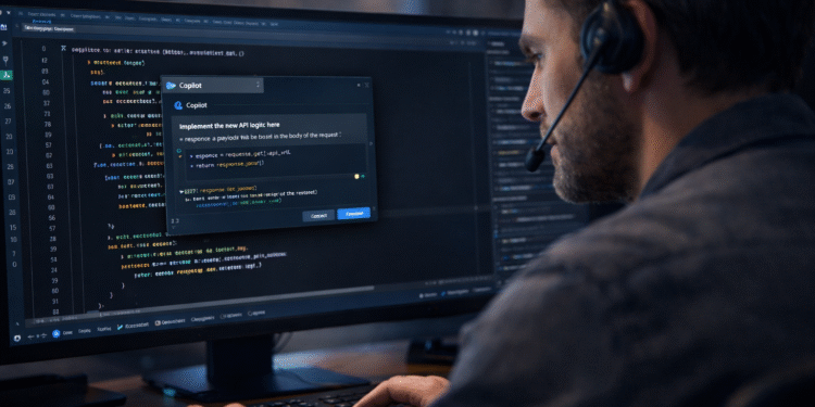 developer using Microsoft Copilot AI coding assistant in enterprise IDE